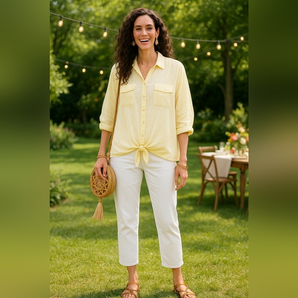 Coastal 2XL Butter Yellow Tie Front Role Sleeve Button Down Tunic Top New